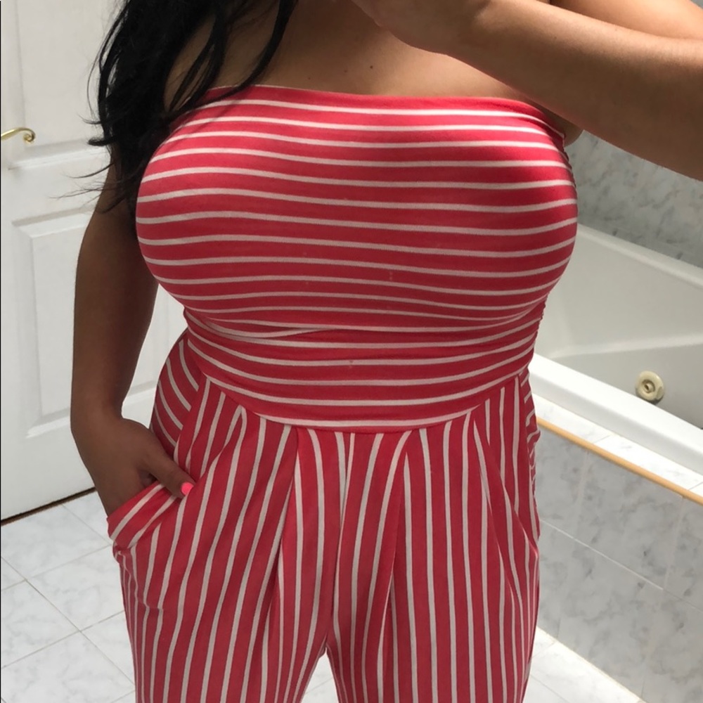 LAST 1 SIZE LARGE! CORAL STRIPE JUMPSUIT - Picture 6 of 8
